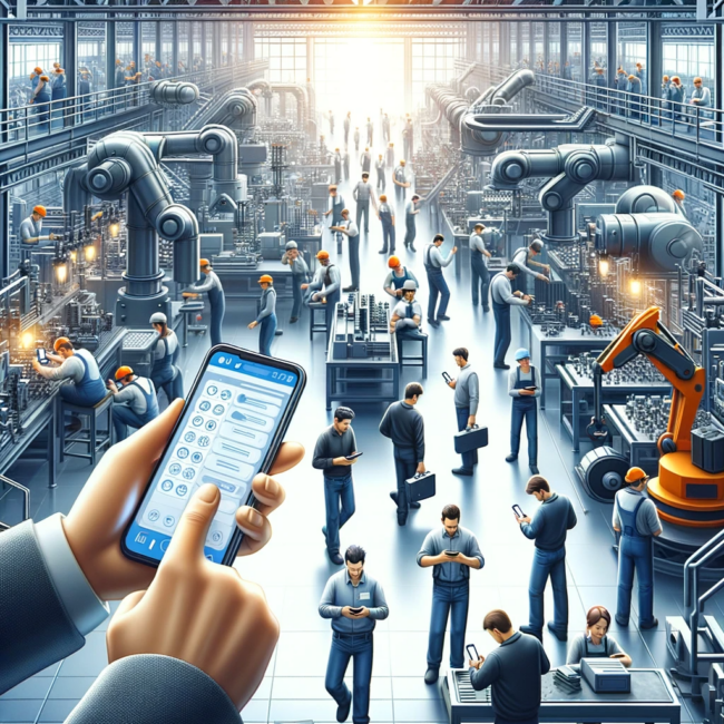 Workers in a factory setting using various smart devices
