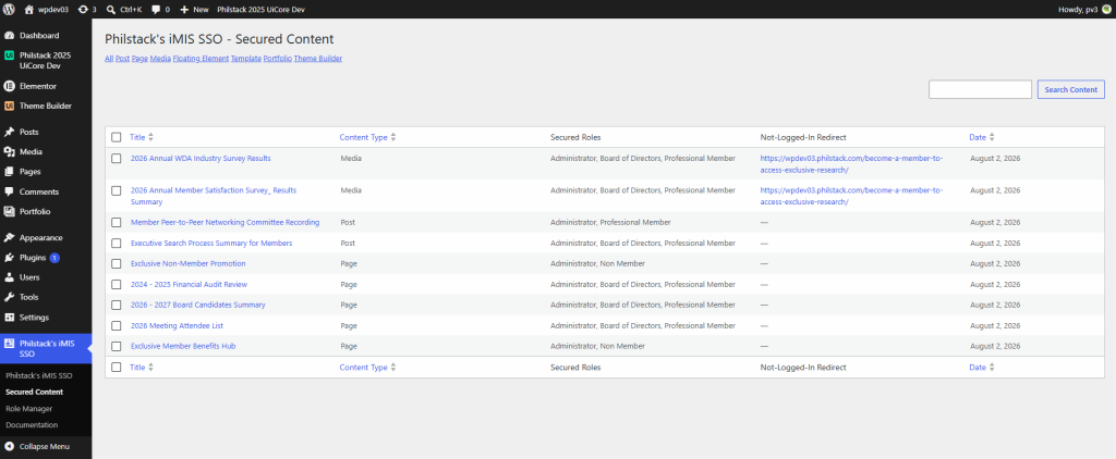 WordPress admin dashboard showing secured content list with item titles and actions